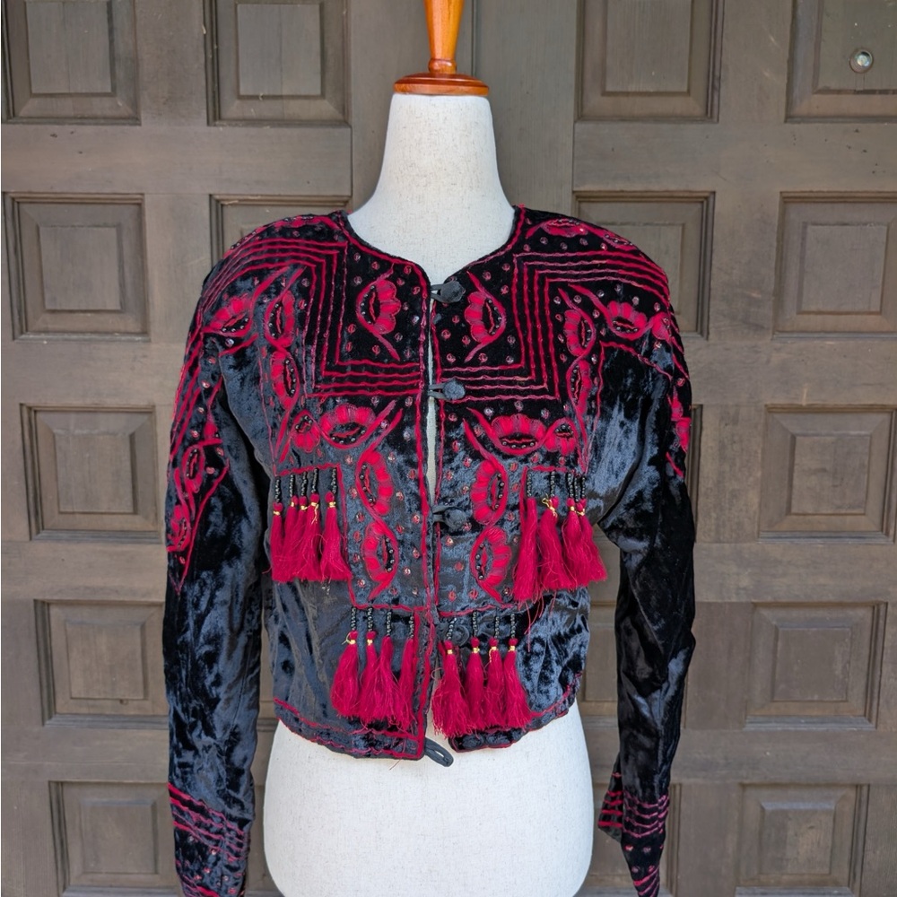 Vintage 90s Scott Taylor Black Velvet Jacket with Red Embroidery & Tassels